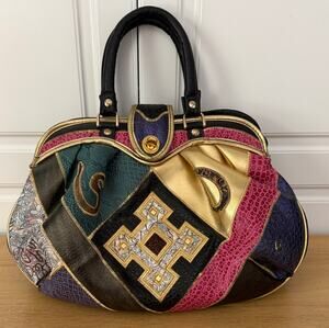 Vintage 80's NAS Bag Multicolor Faux Leather Patchwork Handbag Purse